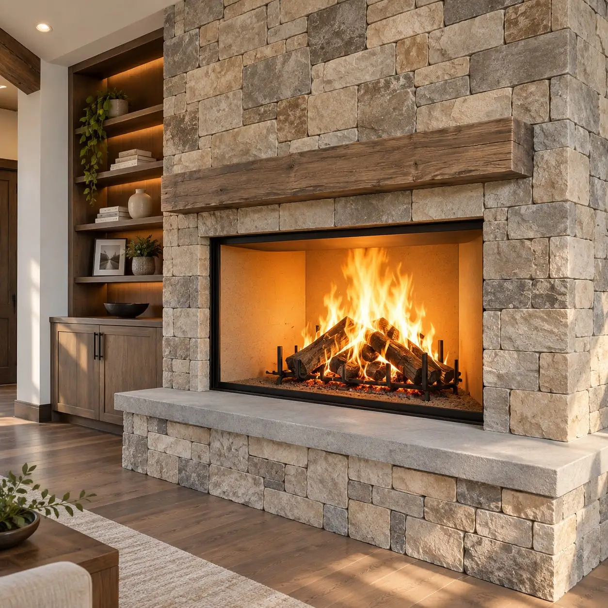 Fireplace surround in stacked natural stone with a raised stone hearth and a timber beam mantel