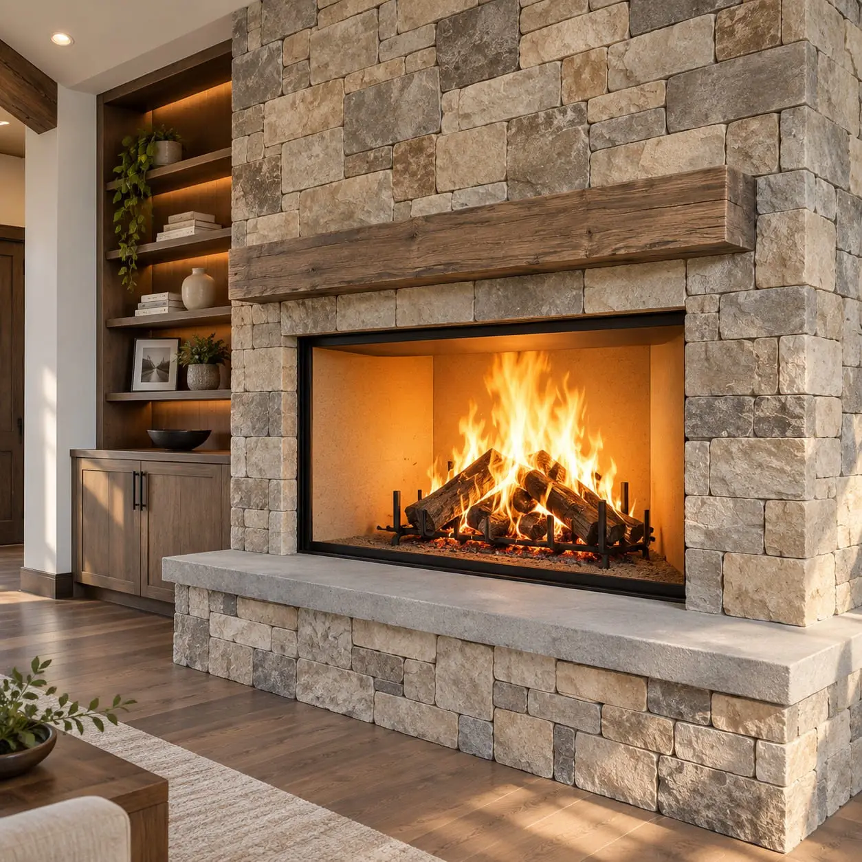 Fireplace surround in stacked natural stone with a raised hearth and a timber beam mantel, by General Tile Company