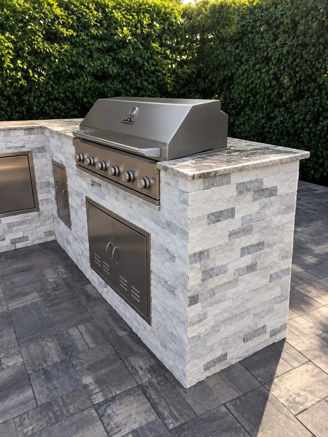Finished outdoor kitchen with a built-in stainless grill, clad in white stacked stone ledger on a paver deck
