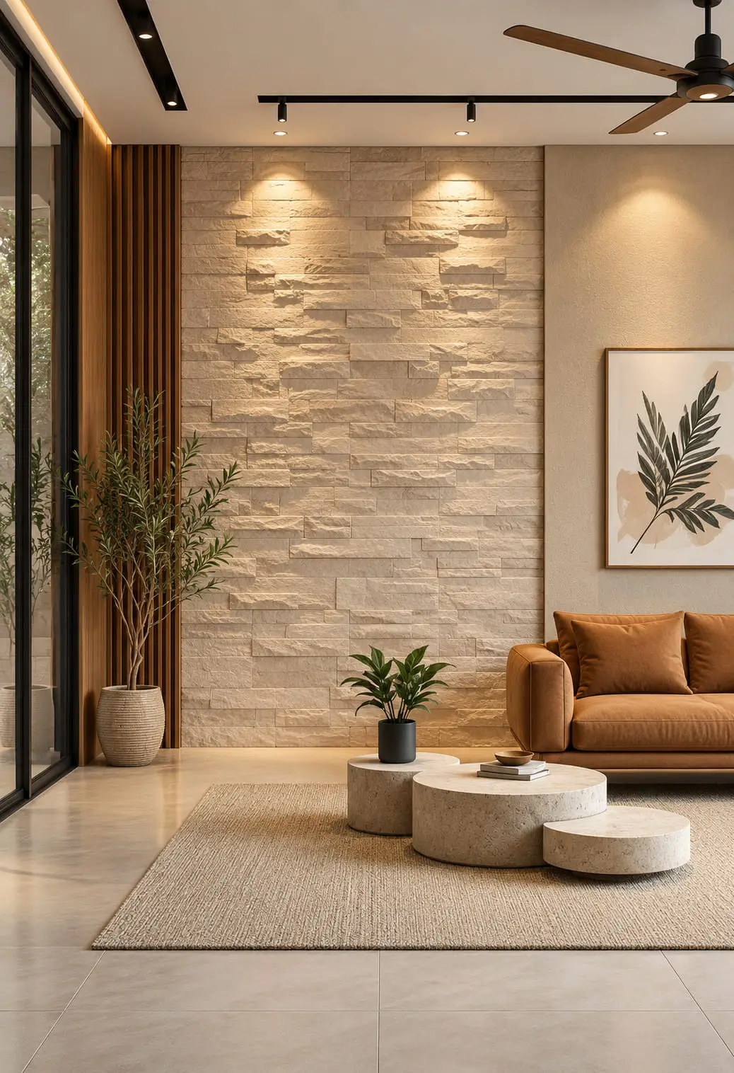 Living room feature wall clad floor to ceiling in pale stacked stone, washed by ceiling spotlights