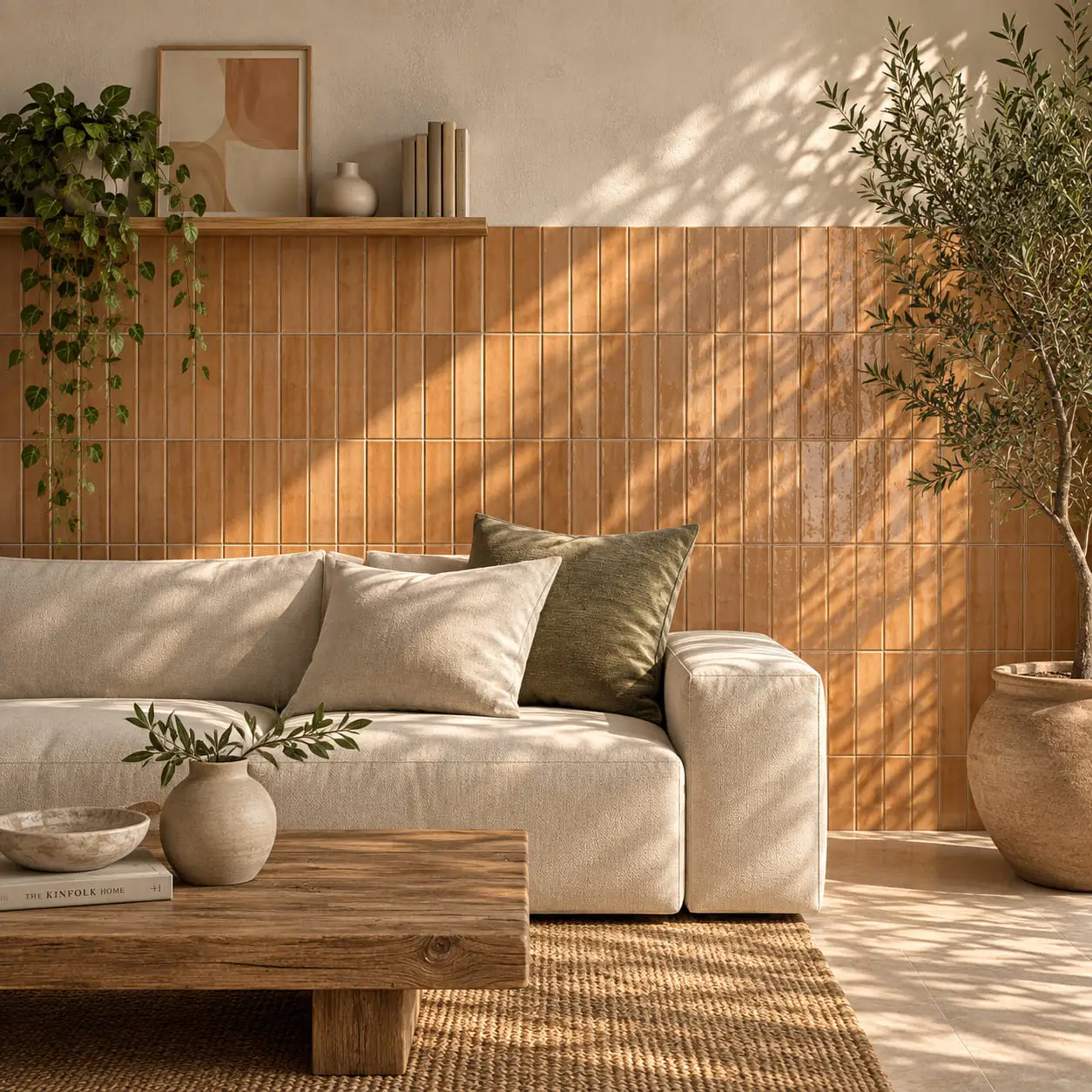 Terracotta tile run as a half-height wall covering behind a sofa, finished with a straight top line